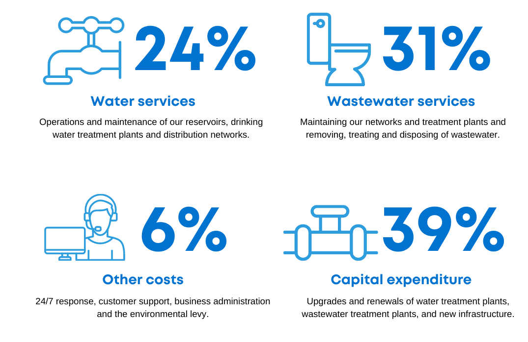 24% for water services, 31% for wastewater services, 6% for other costs, 39% for capital expenditure