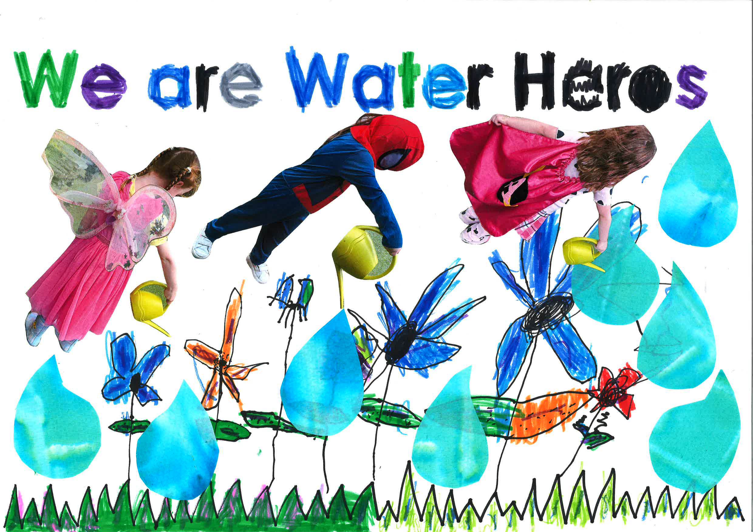 A poster featuring children dressed as water heroes watering flowers with watering cans