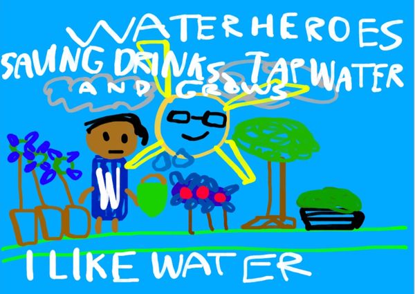 A colourful poster featuring flowers and trees and the words "Water Heroes Saving Tap Water and Grow"