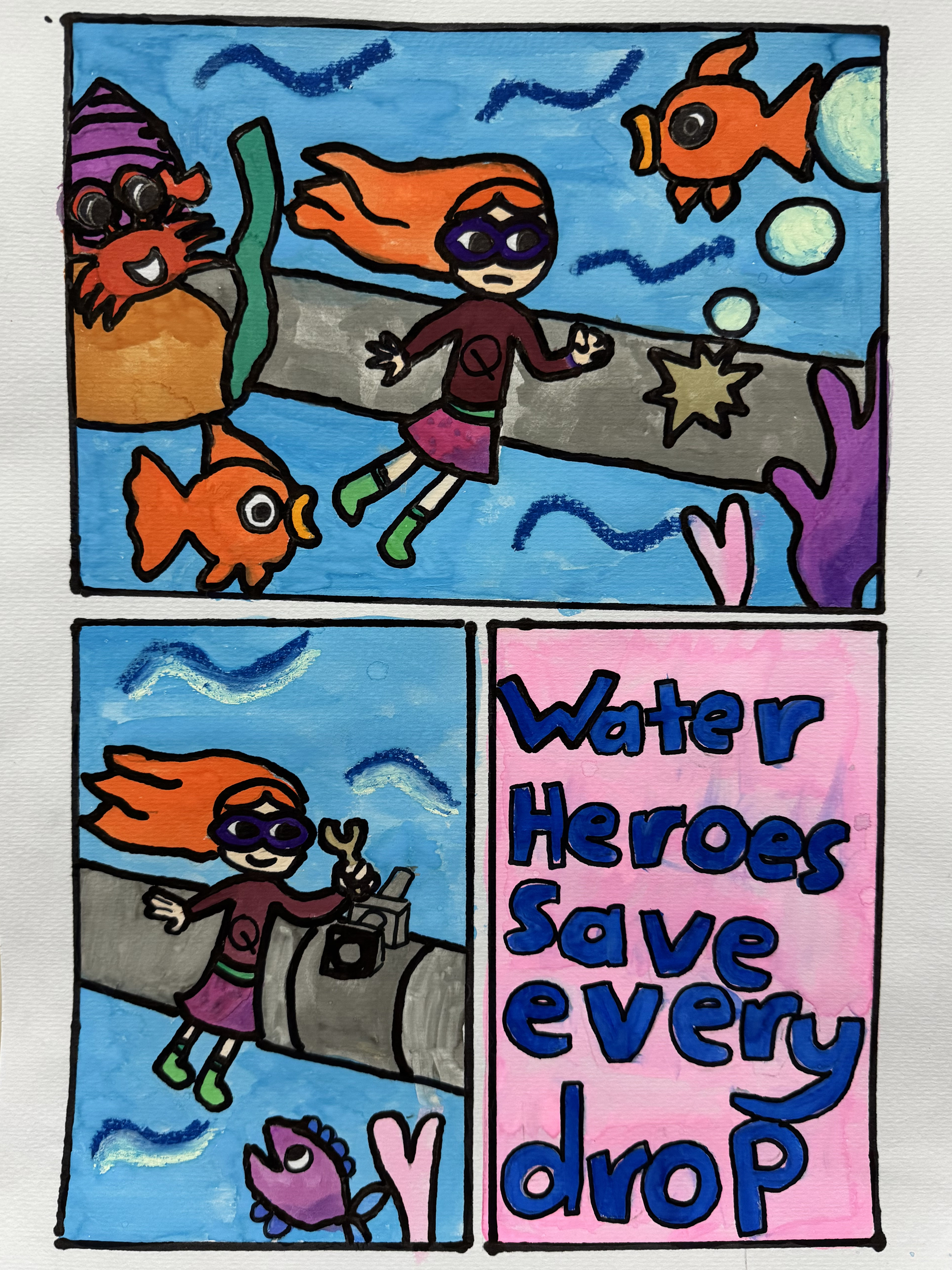 A poster featuring a comic strip design with a female water hero fixing pipes and the words "Water heroes save every drop"