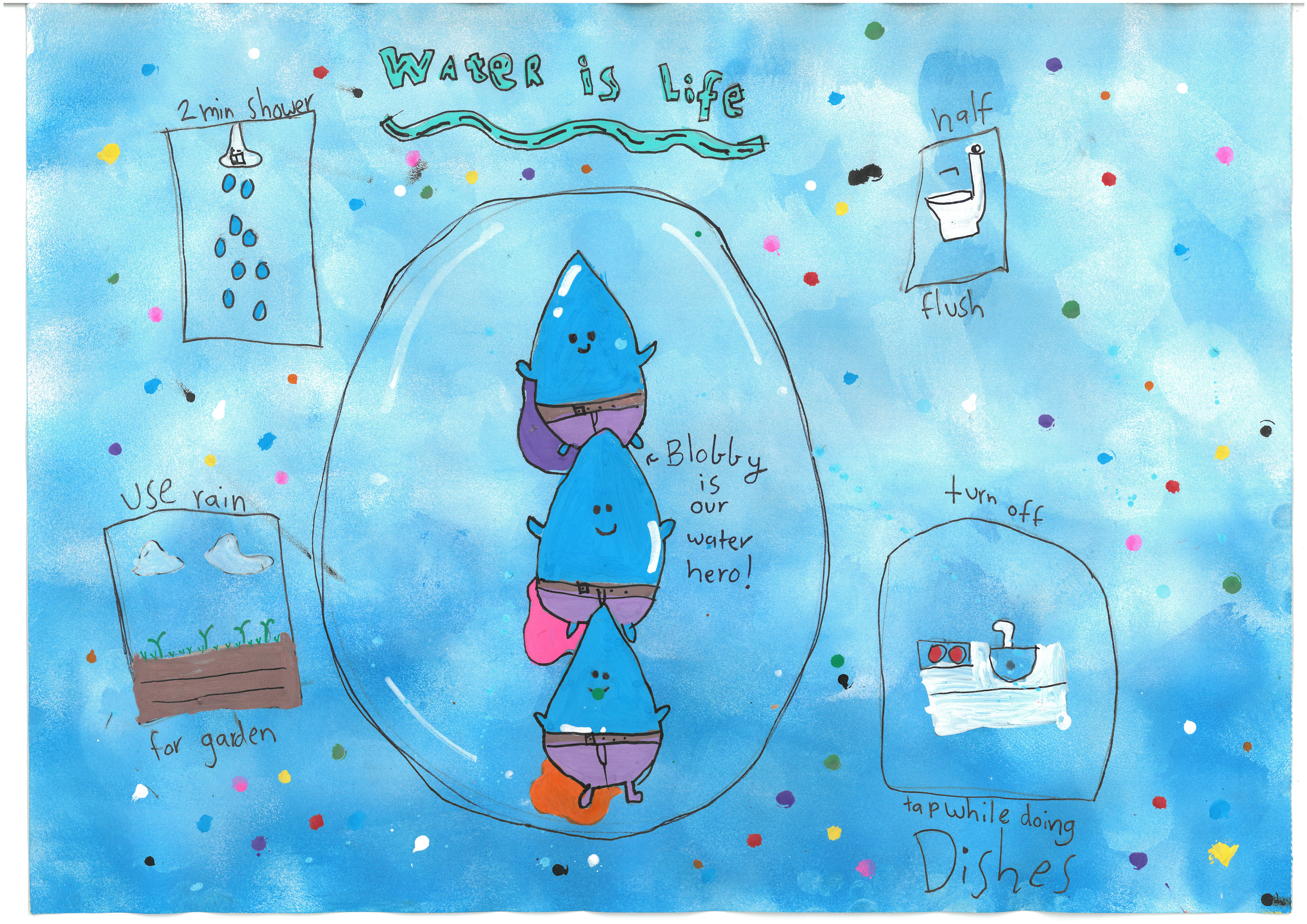 A colourful poster with a blue background featuring water drops and tips for saving water - short shower, turn off tap when brushing teeth 