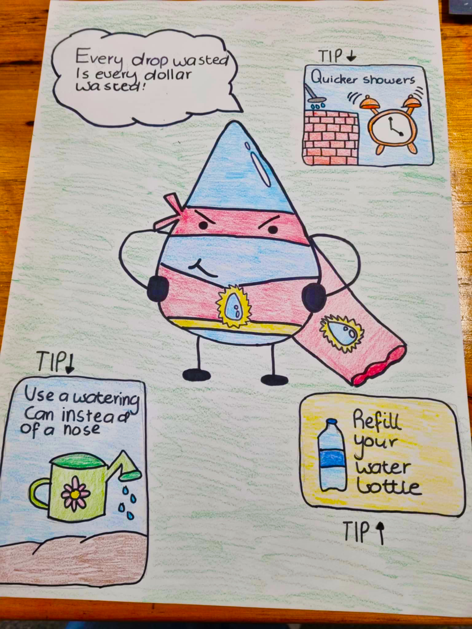 A colourful poster featuring a water hero rain drop and tips for saving water