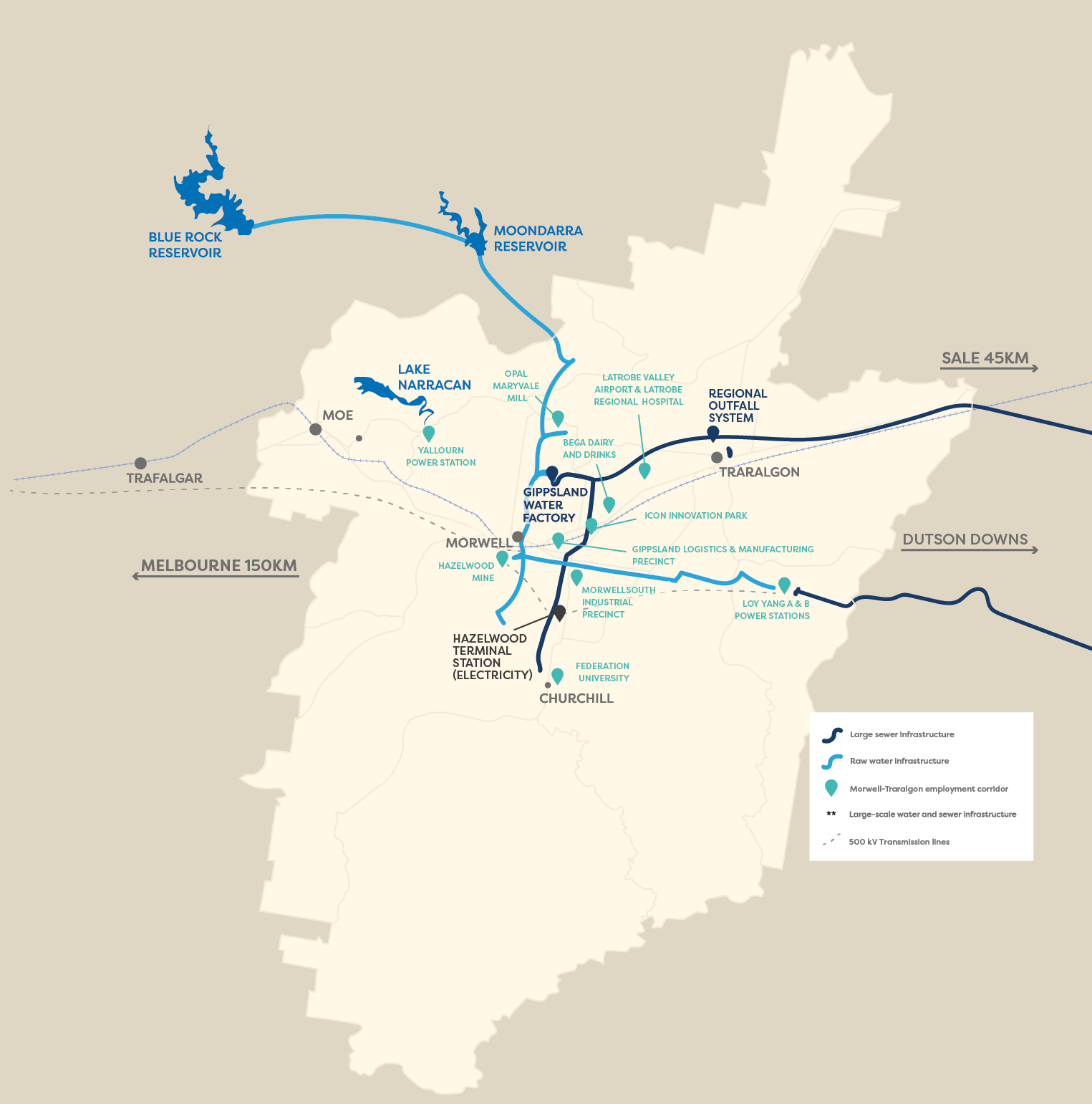 Industrial points of interest across the Latrobe Valley including Regional Outfall System, Latrobe Valley Airport, Gippsland Water Factory, Hazelwood mine, federation university, Gippsland Logistics and manufacturing, opal maryvale mill, icon innovation park, morwell south industrial precinct, Bega Dairy and Drinks