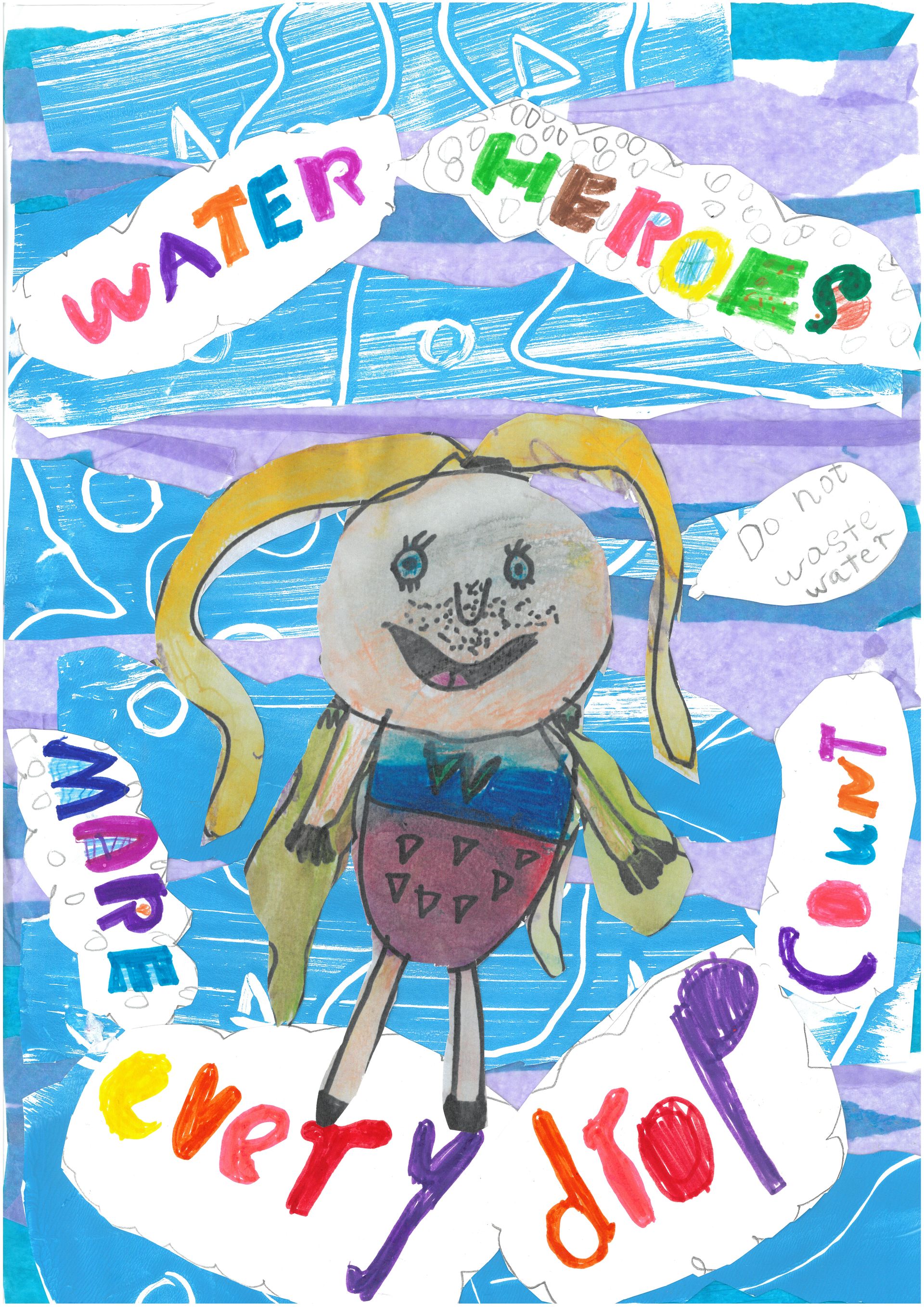 Colourful poster featuring a water hero with long blonde hair, costume and cape. Words read: "Water Heroes. Make every drop count"