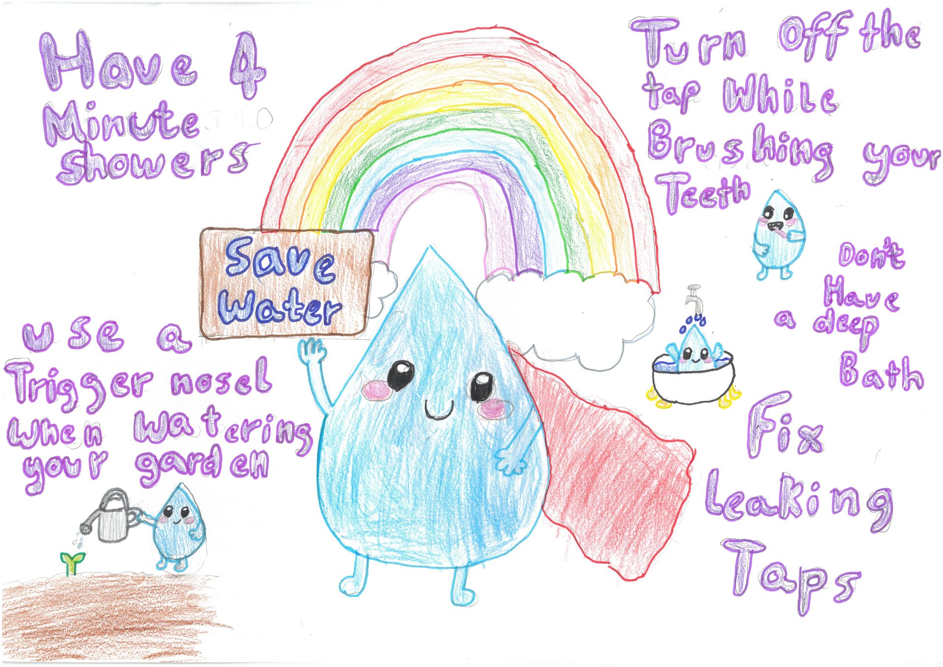 Colourful poster featuring a hero water drop, wearing a cape and a sign that says 'Save water'. Text reads: Have a 4 minute shower, Use a trigger nozzle, turn of the tap while brushing your teeth and fix leaking taps