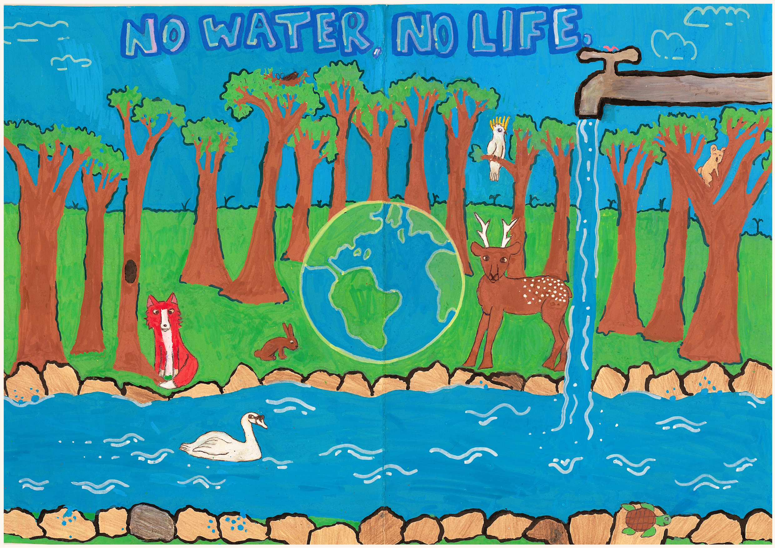 A colourful poster featuring a forest of trees near a waterway with wild animals including a cockatoo, koala, swan, turtle, fox, rabbit, and deer. There's a map of the world in the centre and a running tap. Text reads: No water. No life.