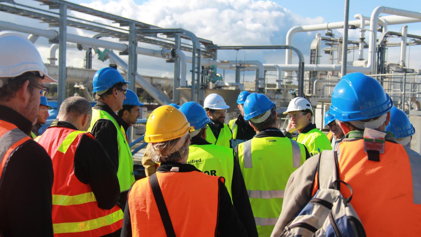 Students wear hard hats and safety vests as they tour the Gippsland Water Factory