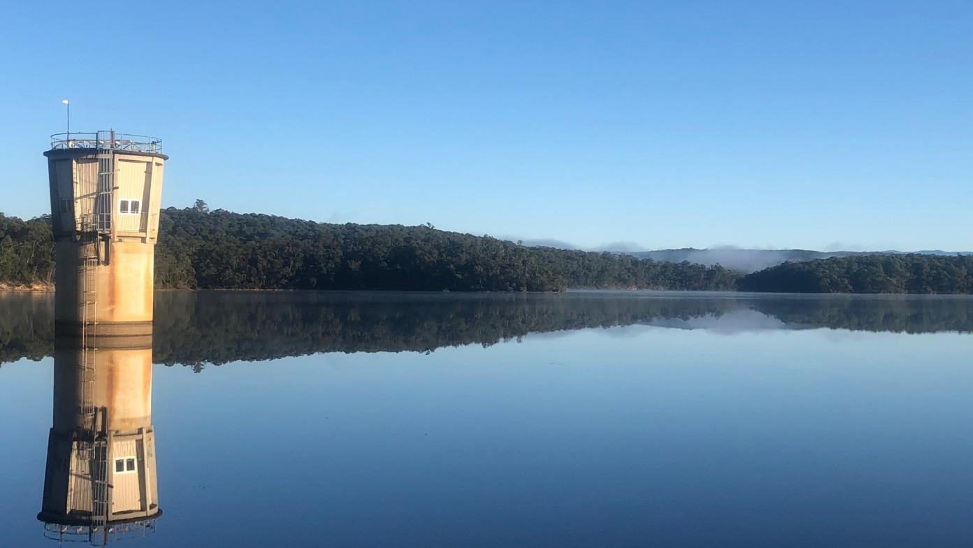 Moondarra Reservoir on a sunny, still day. 