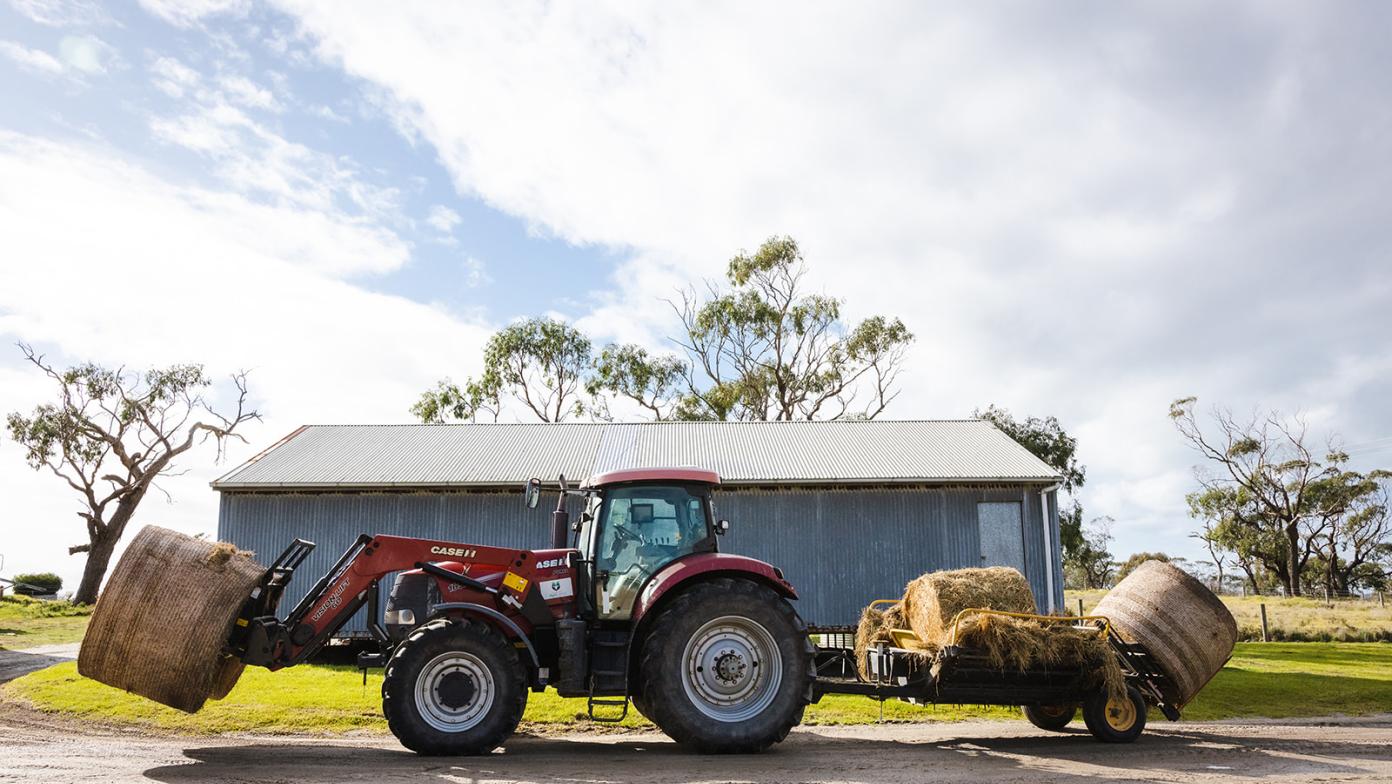 Tractor moving hay