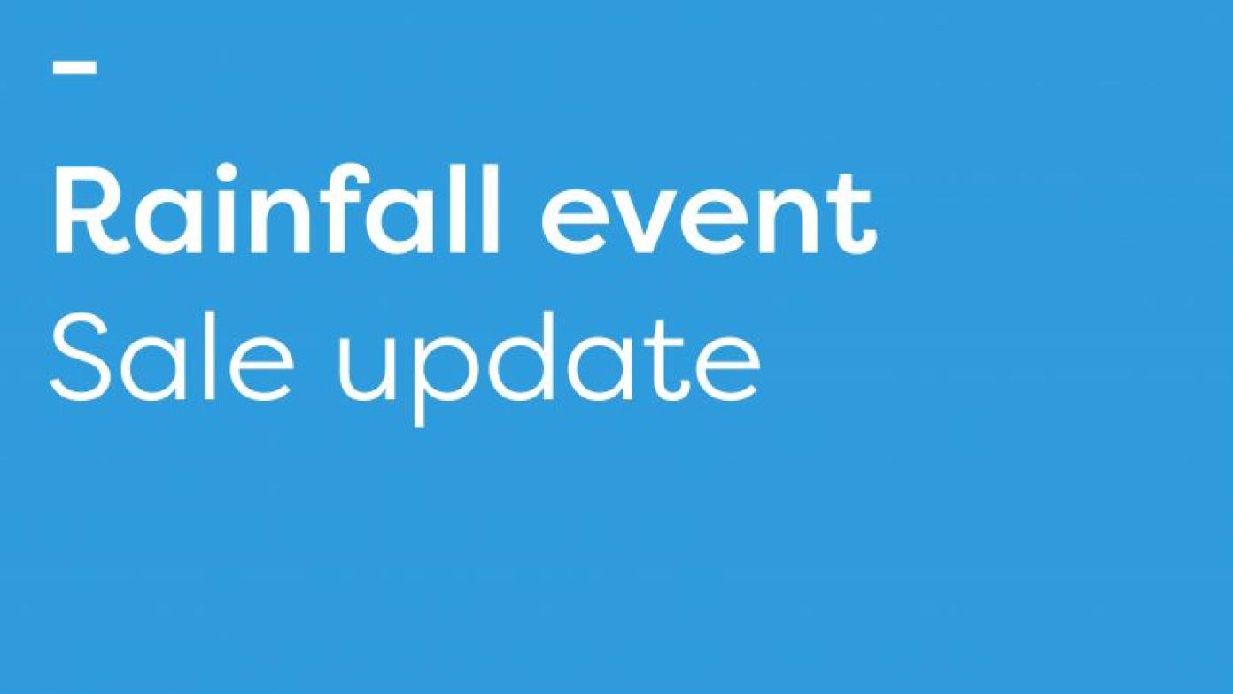 Blue background and white text reading: rainfall event sale update