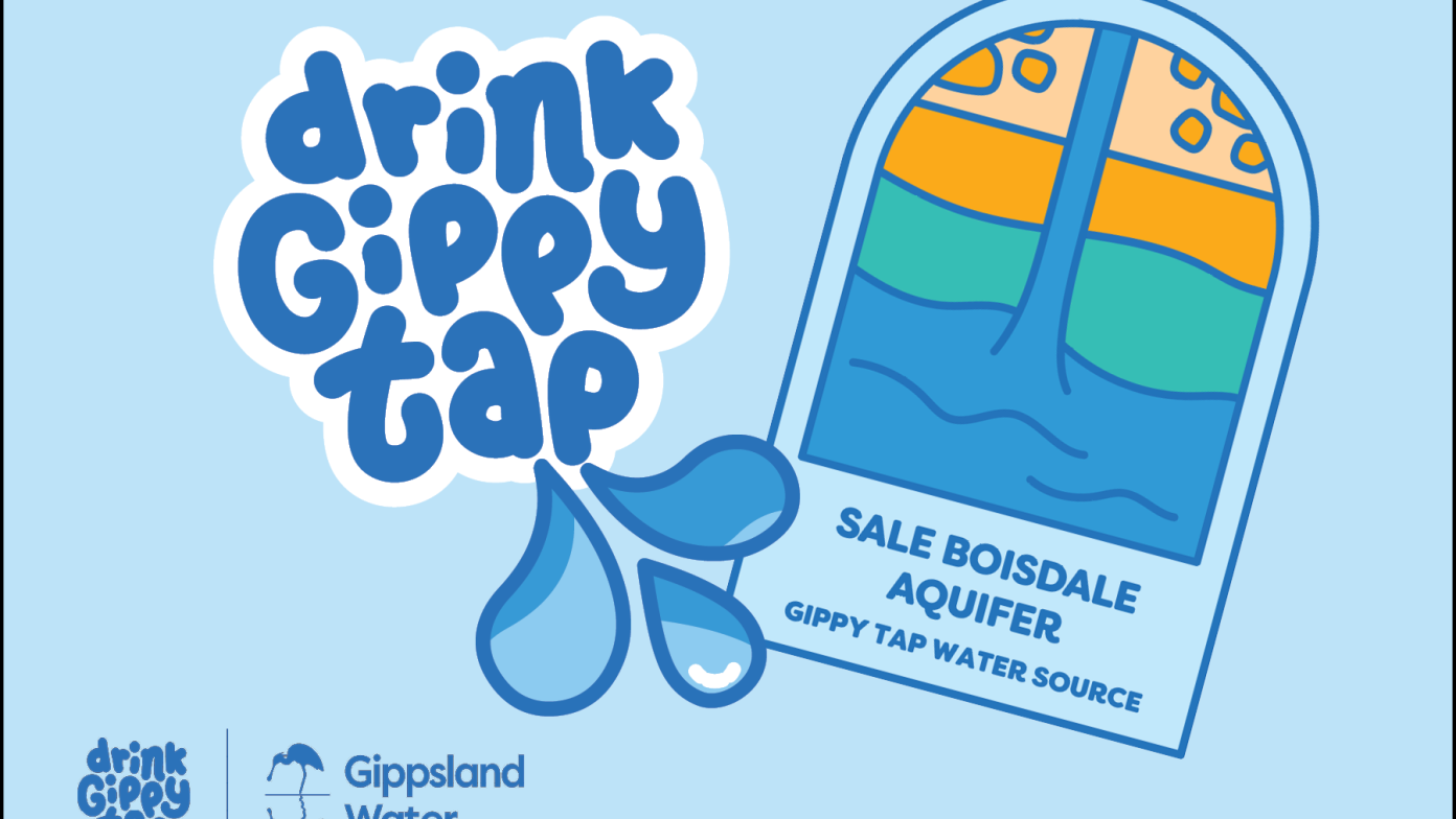 Bubble text on a blue background reading: Drink Gippy Tap