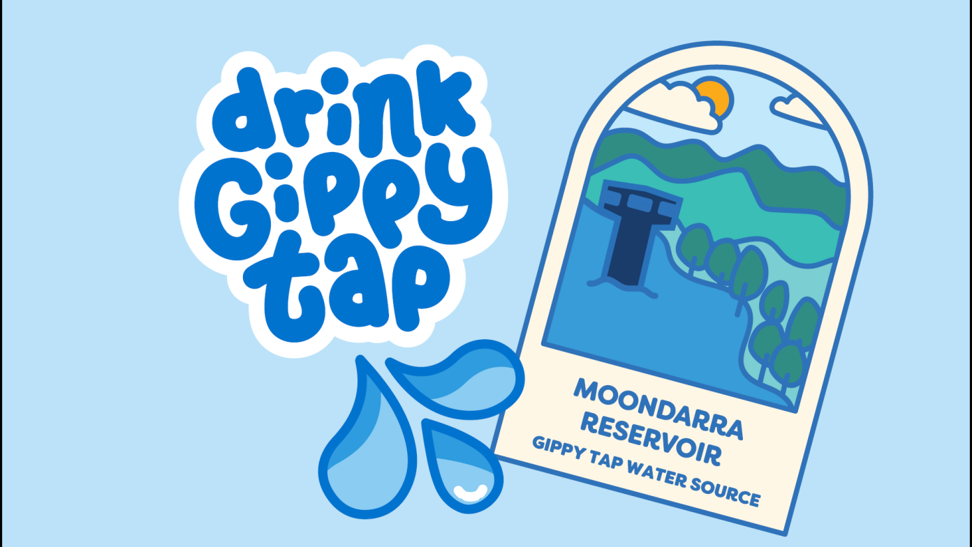 Bubble text on a blue background reading: Drink Gippy Tap