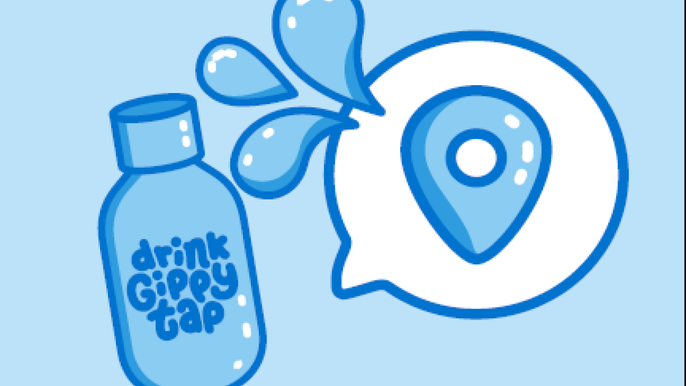 Cartoon images of a reusable water bottle, map icon adn water splash.