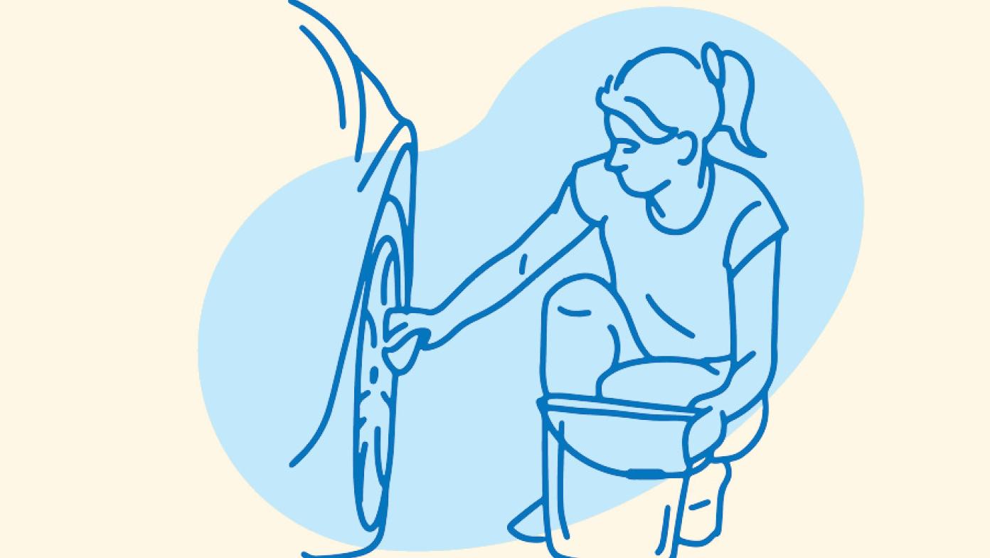 Cartoon image of a lady washing a car with a bucket.