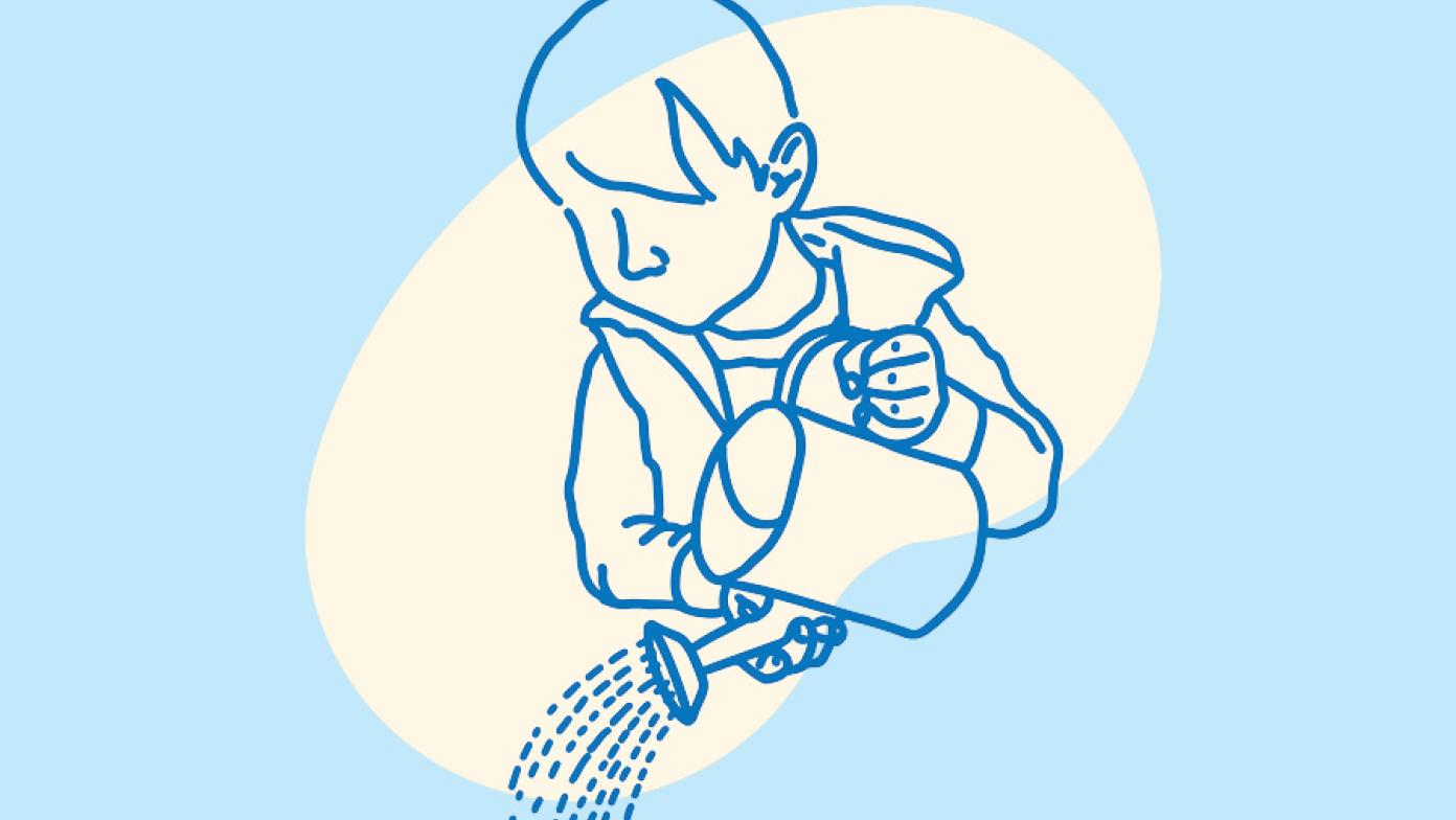 Cartoon image of a young boy with a watering can.