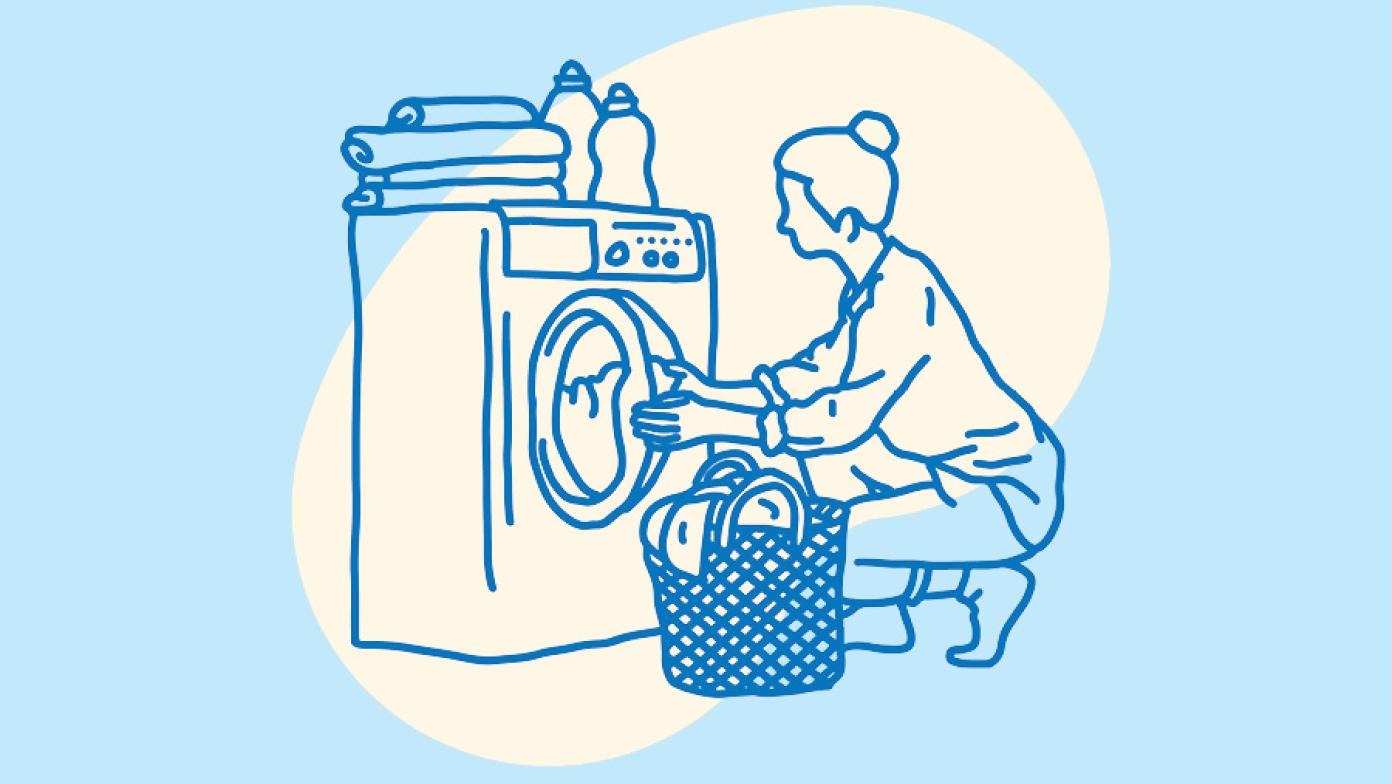 Cartoon image of a lady loading clothes into a washing machine.