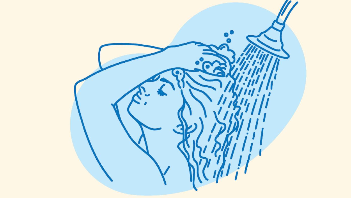 Cartoon image of a lady's face under the shower.
