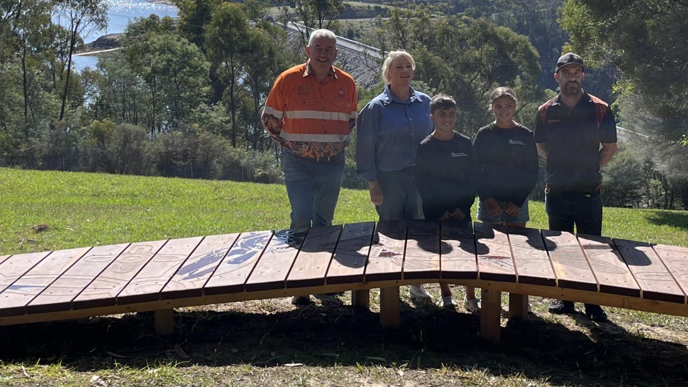 Gippsland Water Healthy Country Lead Daniel Rodaughan, Gippsland Water Managing Director Sarah Cumming, Oaklee and Addison Beecher representing Pearce Cameron and Nick Johnson from Federation University.  