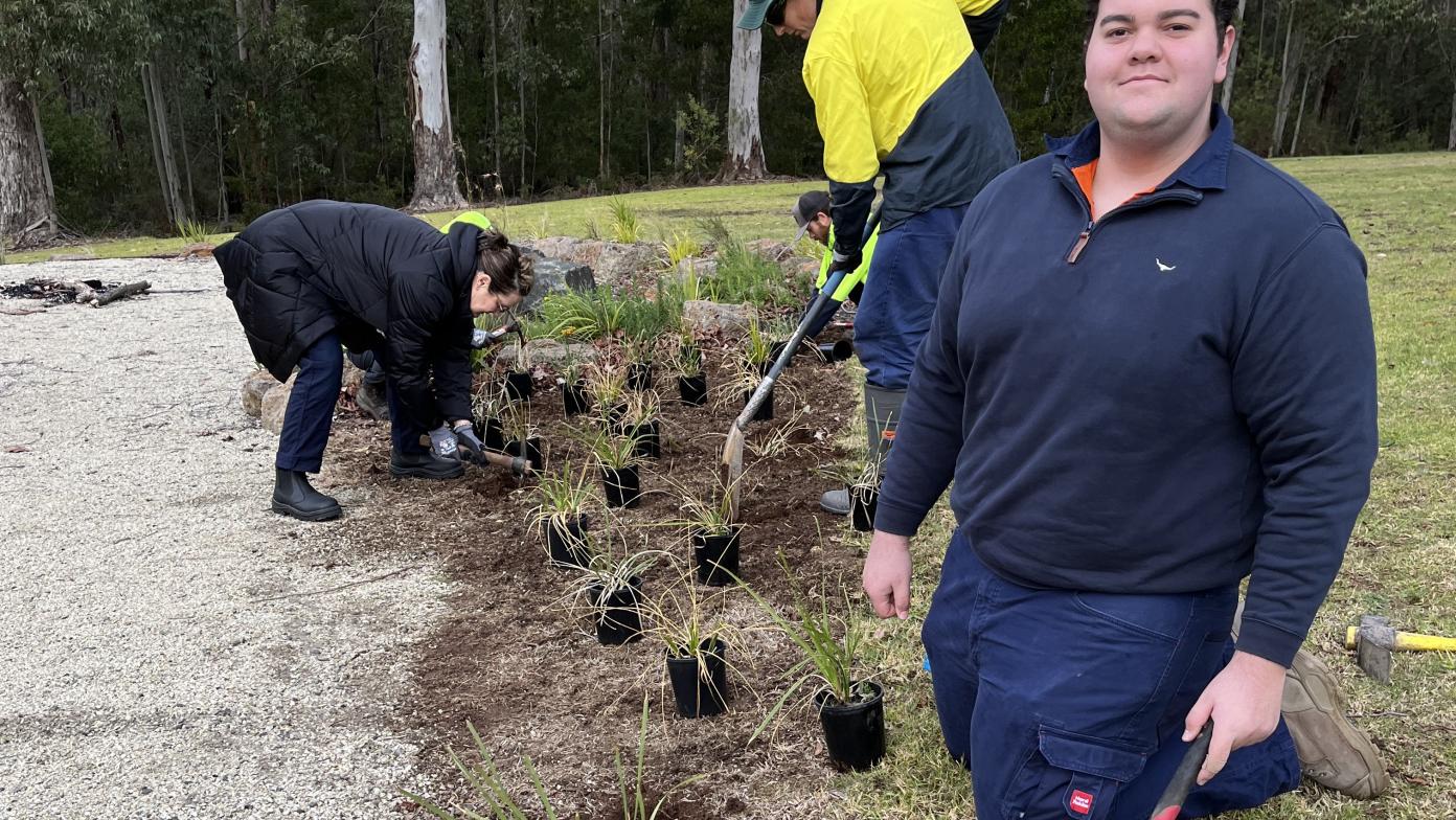 Gippsland Water employees planting lomandra plants
