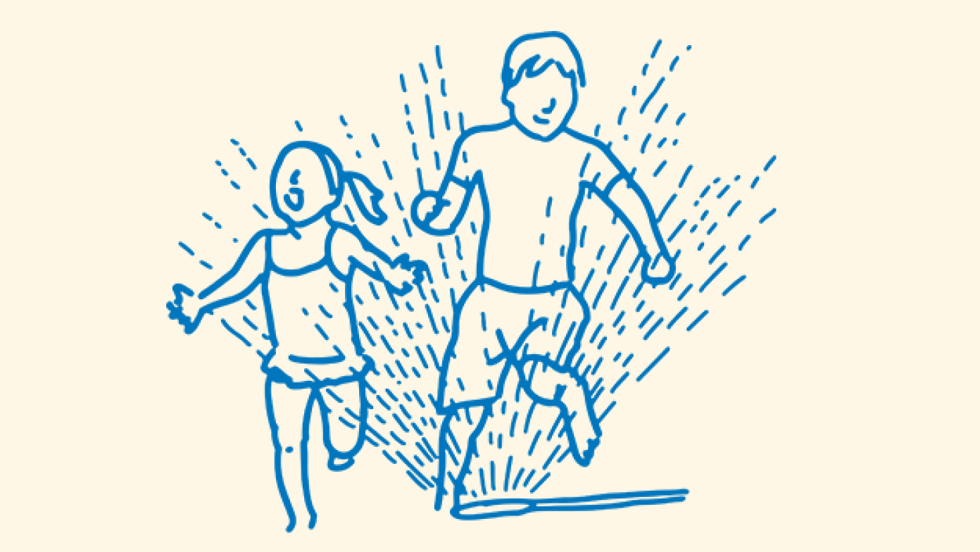 Illustration of children running through a sprinkler