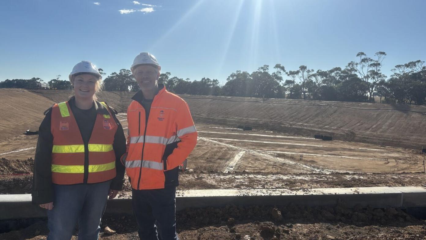 Managing Director Sarah Cumming and Senior Project Delivery Lead David Peake at the Clarkes Road water basin