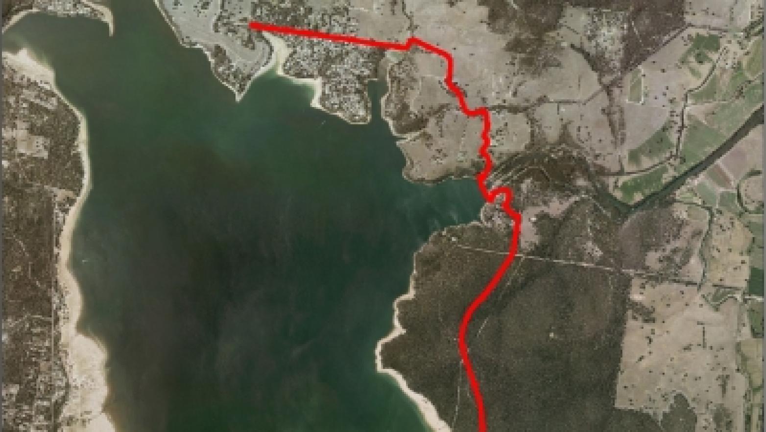 Aerial map with a read line showing where the pipe was layed