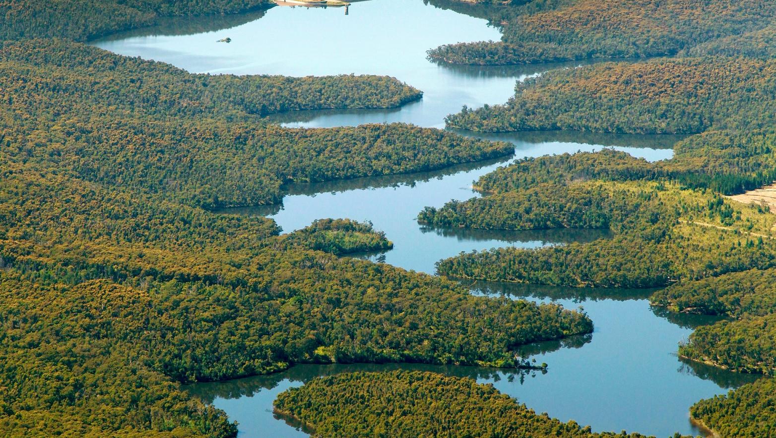 An aerial photo of Moondarra Reservoir showing the dam and surrounding trees