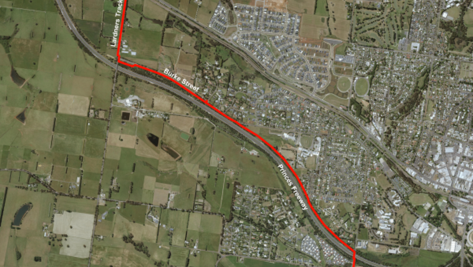 Aerial map with a red line which shows where the western ring main will be layed