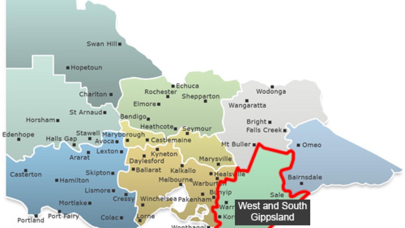 Map of Victoria with the West and South Gippsland region highlighted
