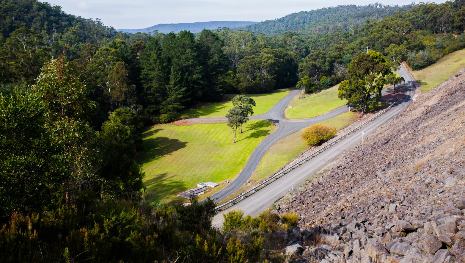 Overlooking the dam wall at Moondarra Reservoir into the dense surrounding bushland.  