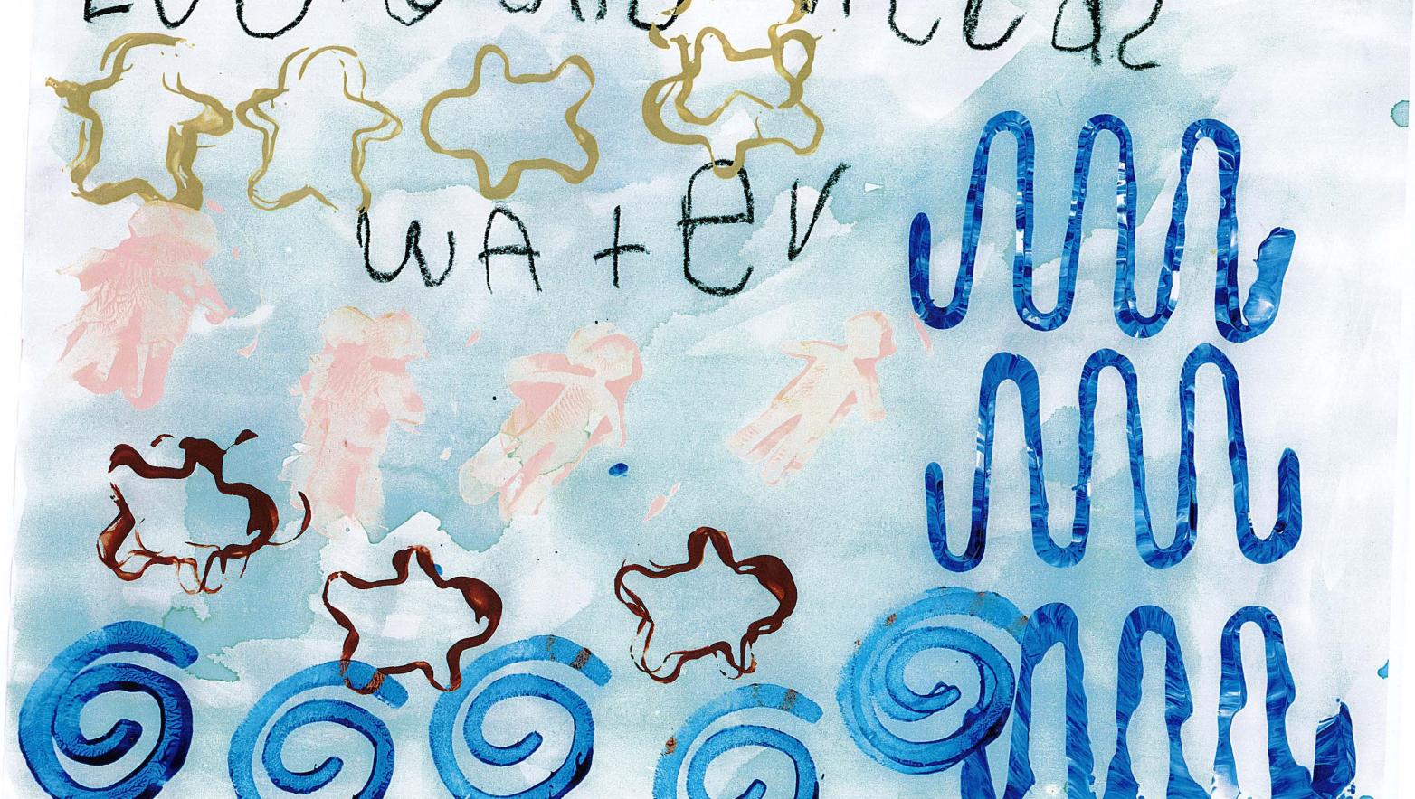 A poster created by Mia titled 'Everyone needs water' features a blue background, stamped people, swirls and waves