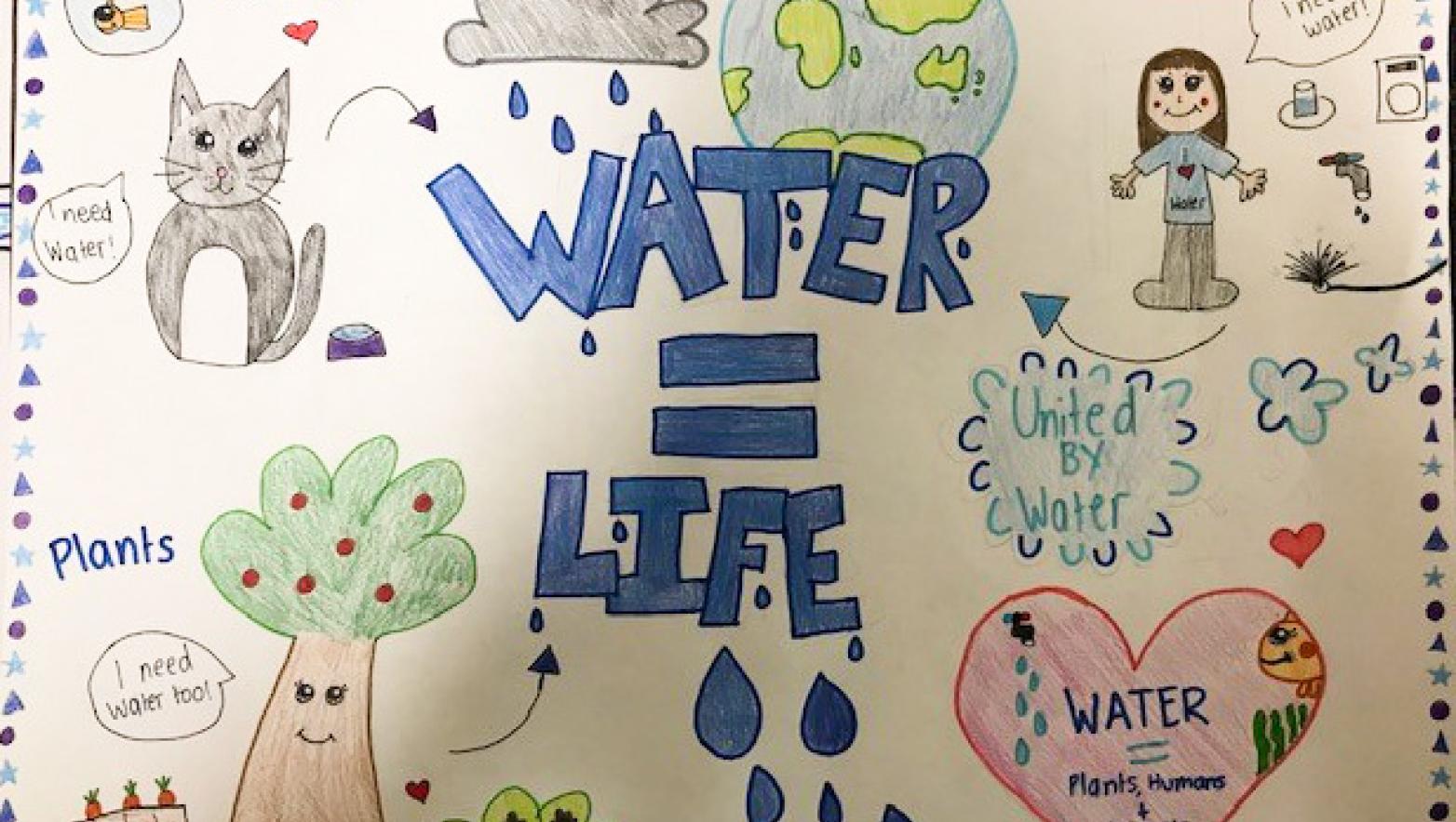 Poster featuring the words "Water = Life', a cat, human, tree, earth and rain clouds, and the words 'United by Water'