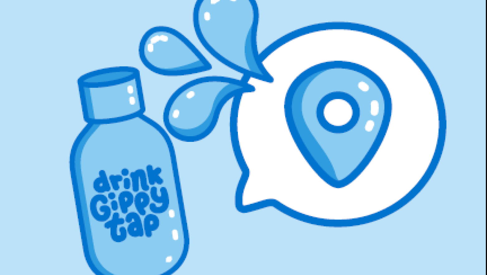 Cartoon images of a reusable water bottle, map icon adn water splash.