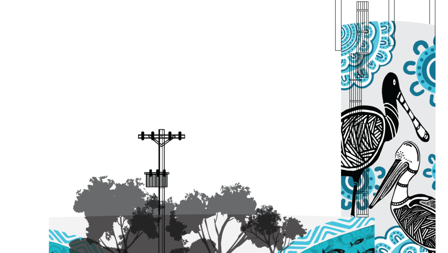 Artists impression of art on a water tower. The art is blue and black. 
