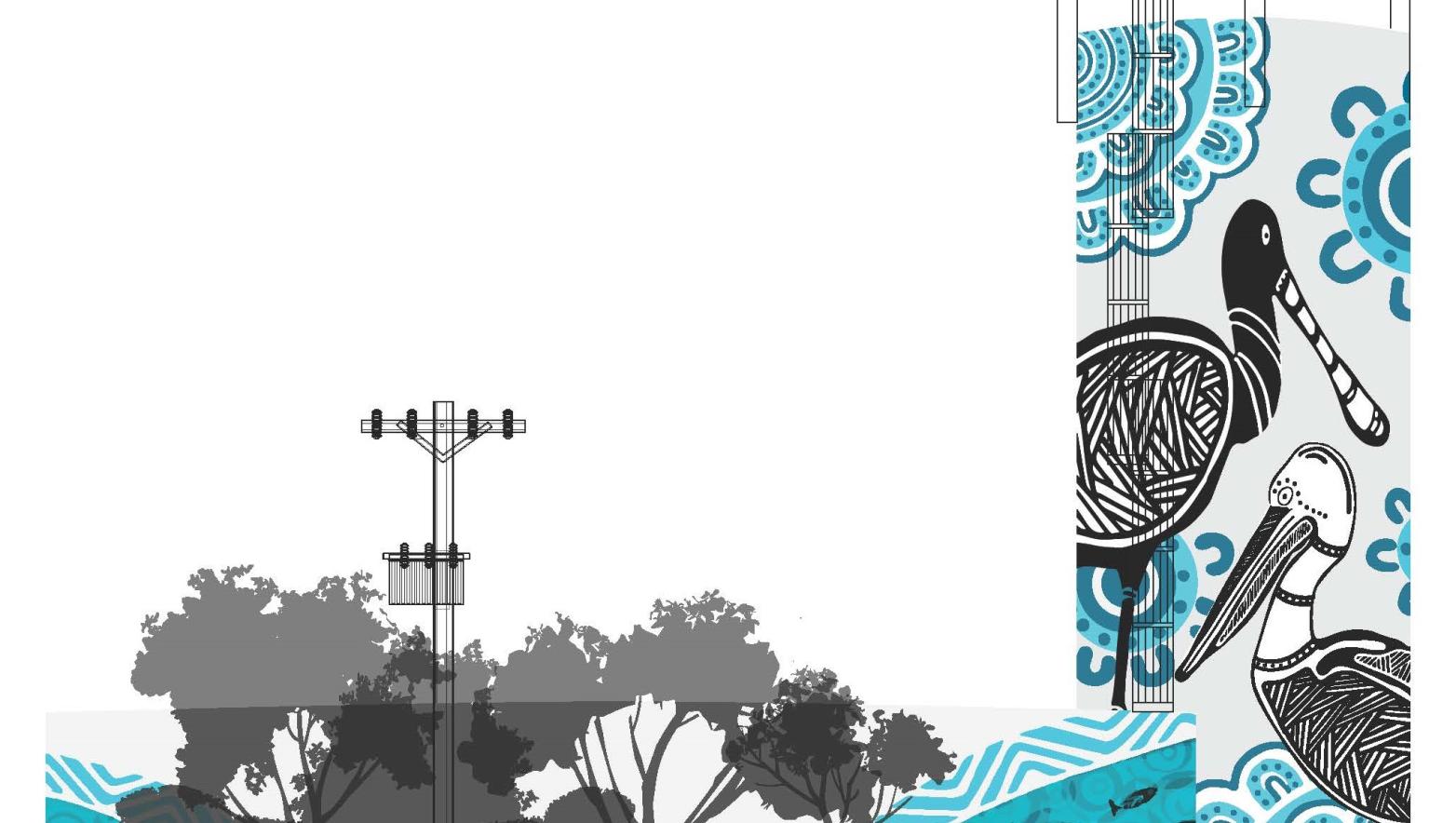 Artist impression of Stratford water tower featuring art 'Cultural Flow' by Alice Pepper