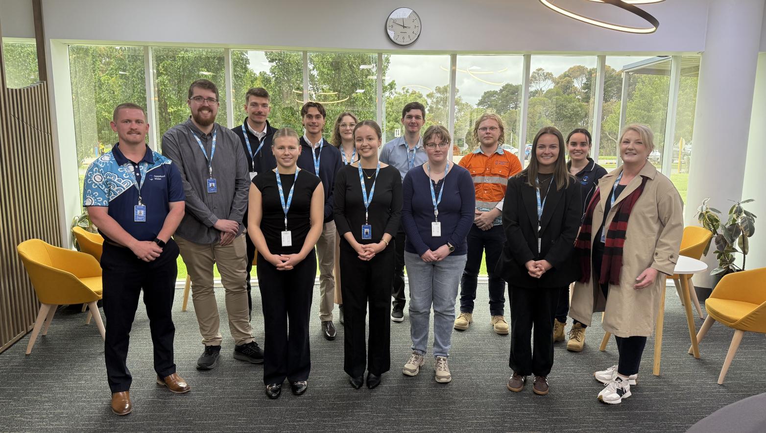 2025 Gippsland Water Summer Interns pictured with Managing Director Sarah Cumming and Human Resources Officer Lachlan Bond