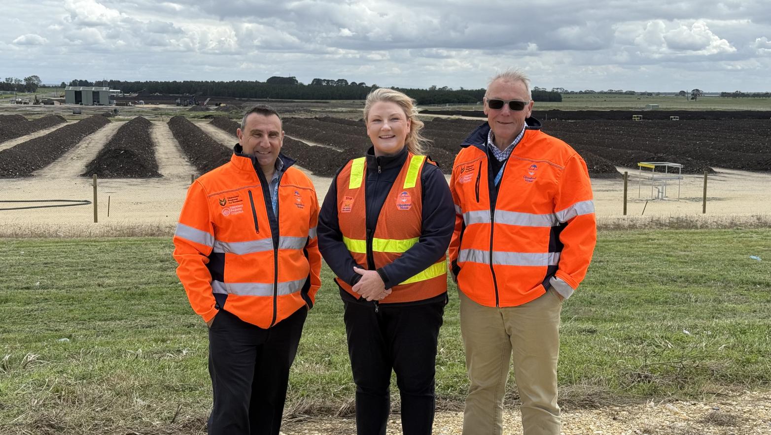 Simon Aquilina, Sarah Cumming and Tom Mollenkopf standing in front of the Gippsland Regional Organics expansion