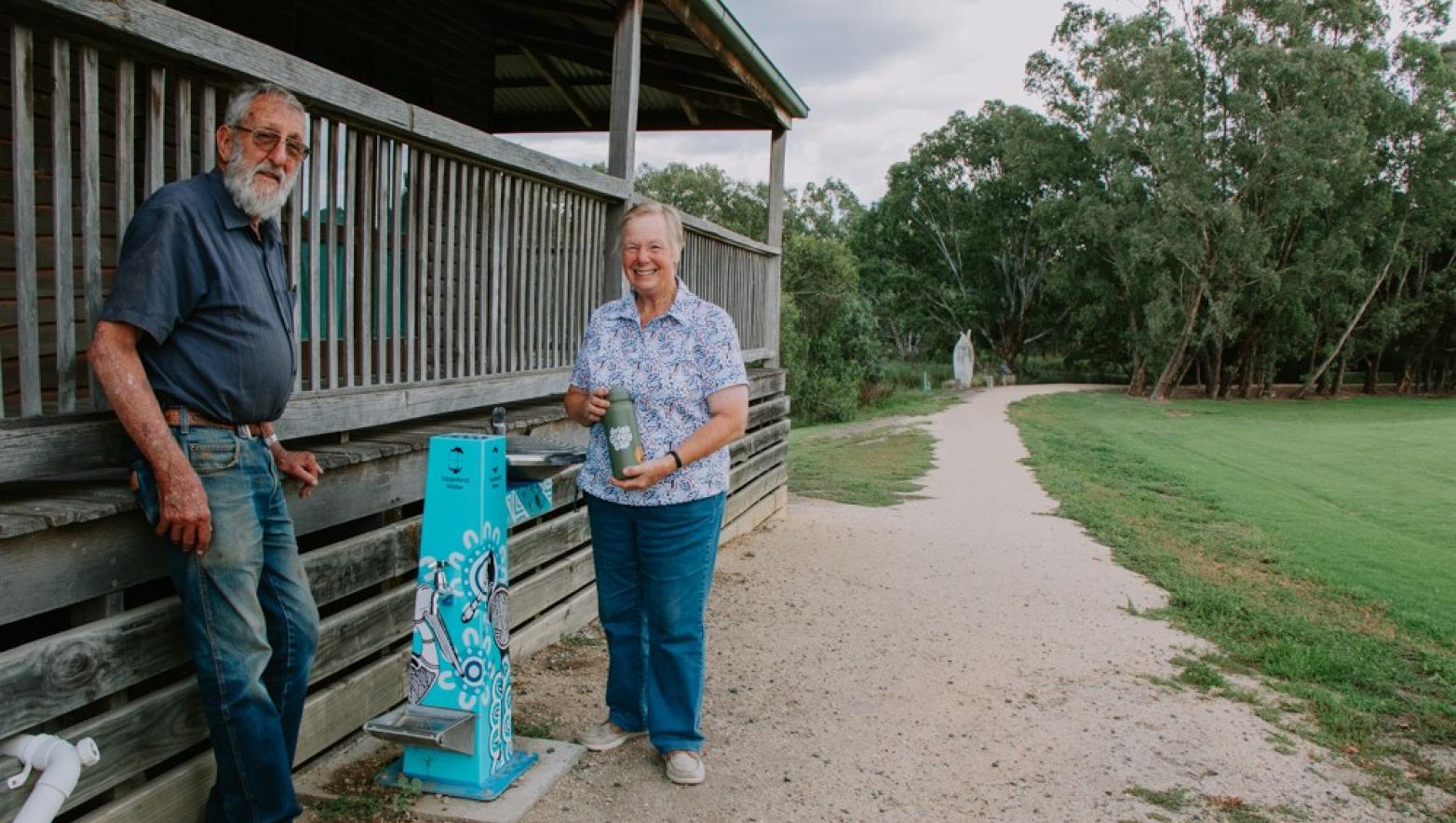 Heyfield Wetlands Committee of Management's Barry and Wendy with a drinking fountain.