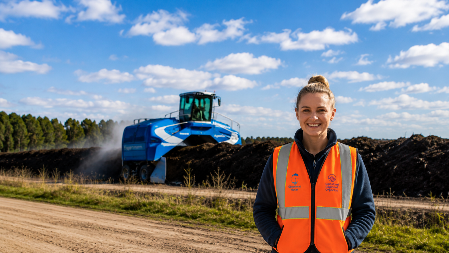 Gippsland Regional Organics staff member wearing high-vis smiling in front of a compost row and windrow turner.