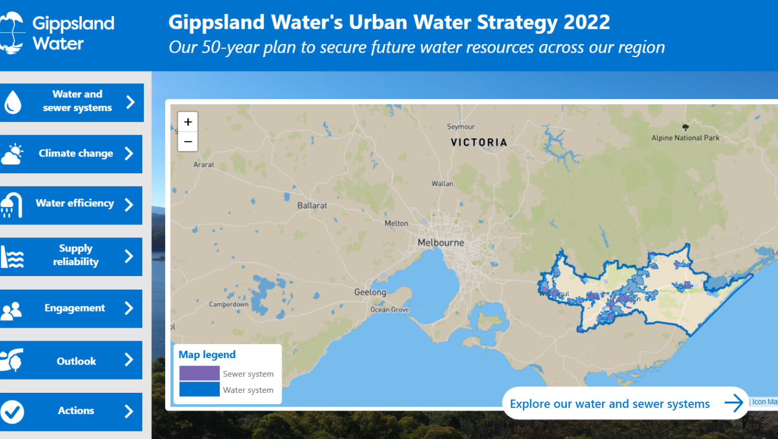 a picture of a map interface showing Gippsland Water's urban water strategy